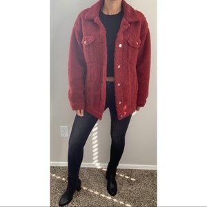 Burgundy teddy bear style trucker jacket